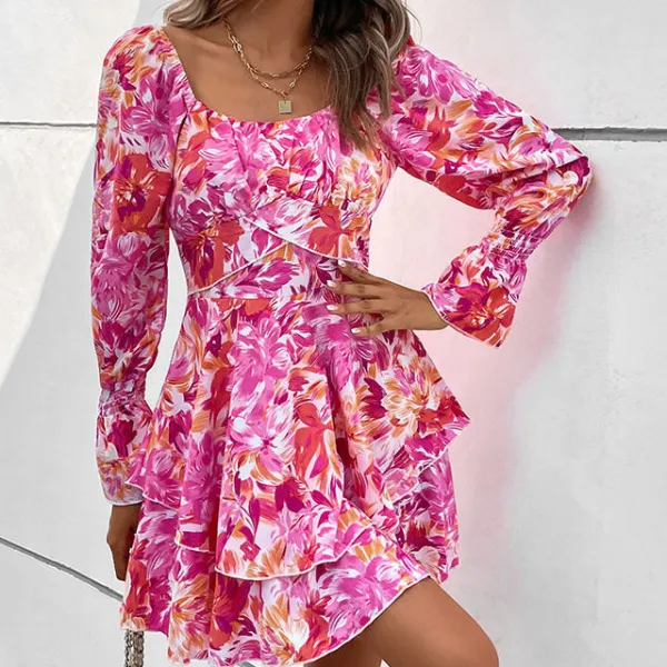Women's Fitted V-Neck Floral Ruffled Dress