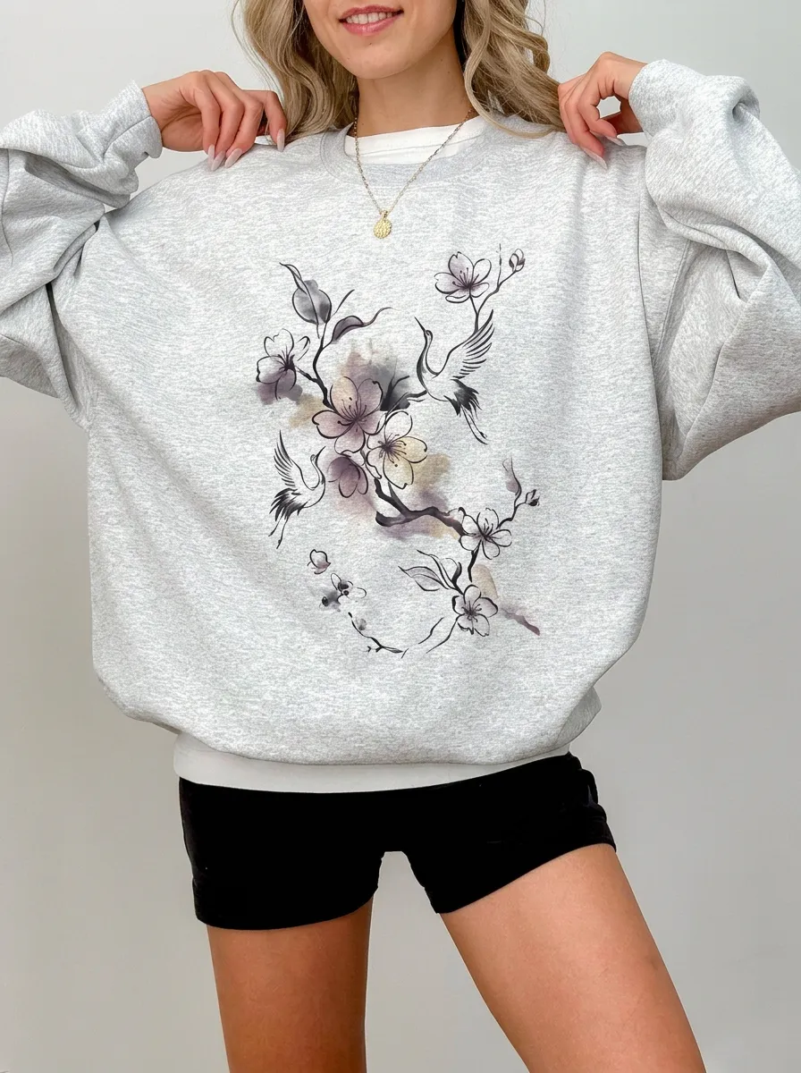 Women's Japanese Aesthetic Crane Cherry Blossom Printed Sweatshirt