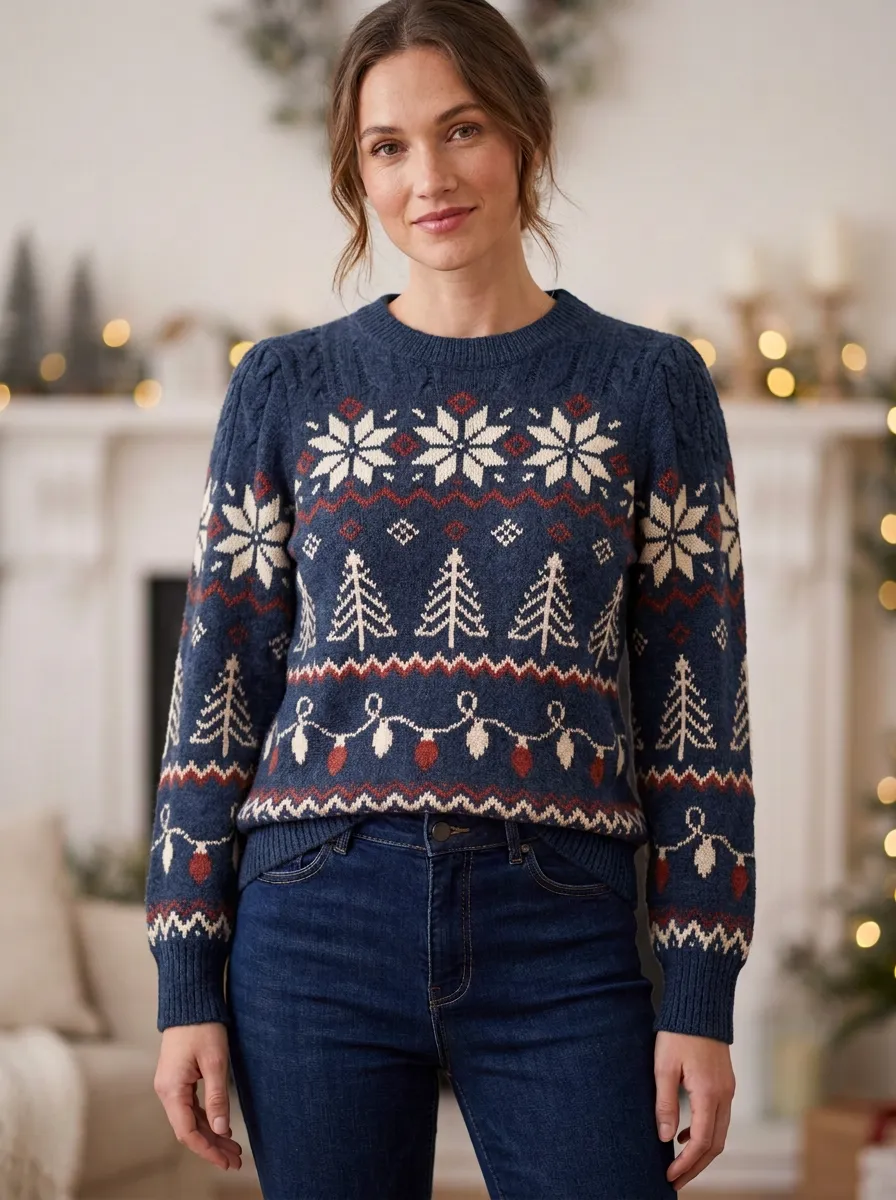 Christmas Holiday Snowflake Tree Pattern Print Sweater