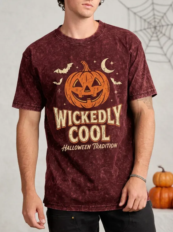 Men's Halloween Pumpkin Bat Wicked Cool Printed T-shirt