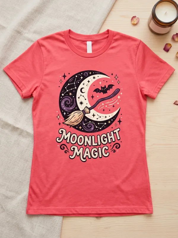 Moon Bat Broom Halloween Graphic T-Shirt