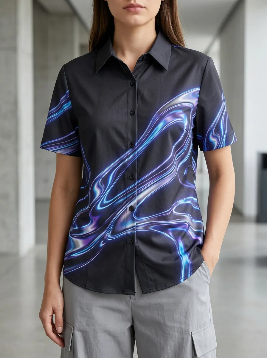 Women's Abstract Liquid Marble Printed Button-Down Shirt
