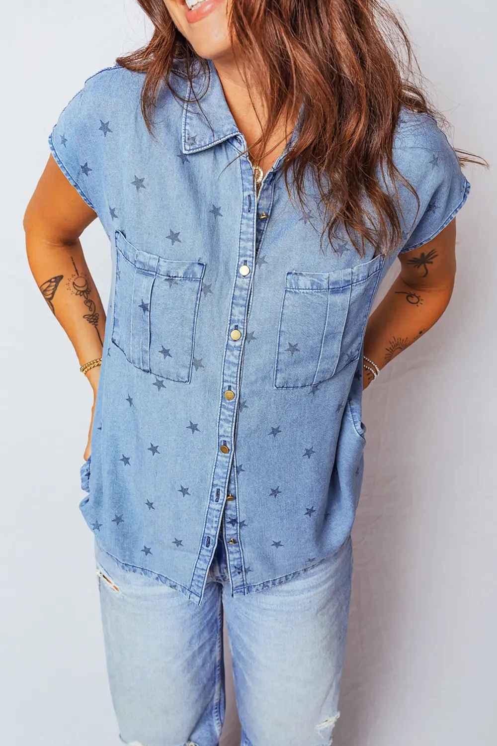Short Sleeve Western Inspired Pocket Detail Shirt Blouse