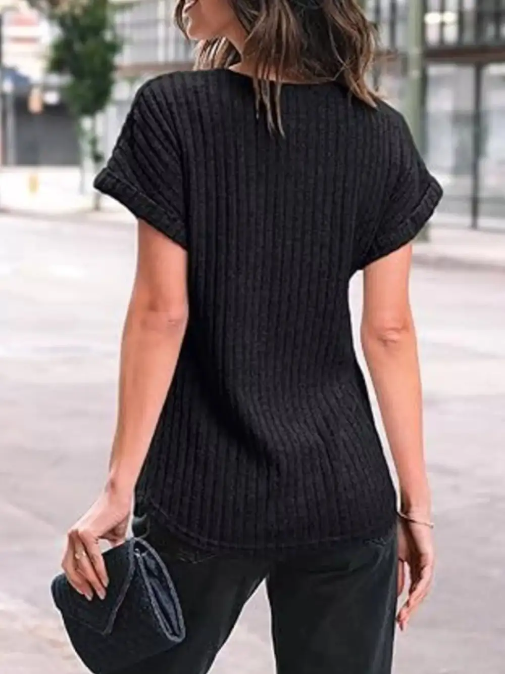 Casual Ribbed Knit Short Sleeve T Shirt