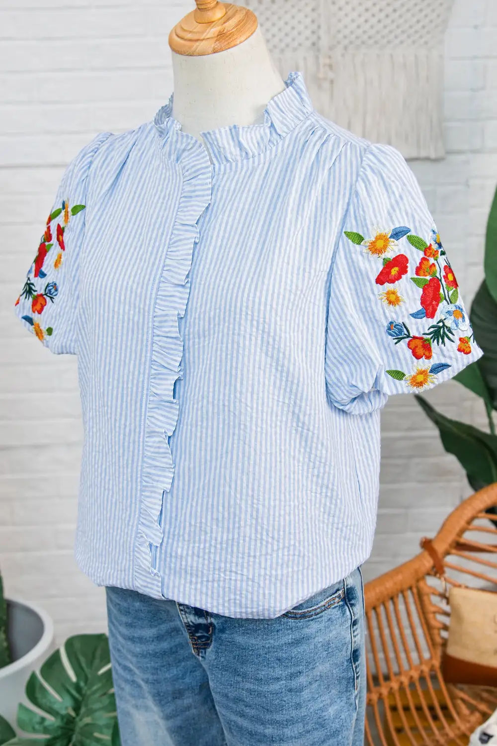 Striped Floral Embroidered Shirt Blouse