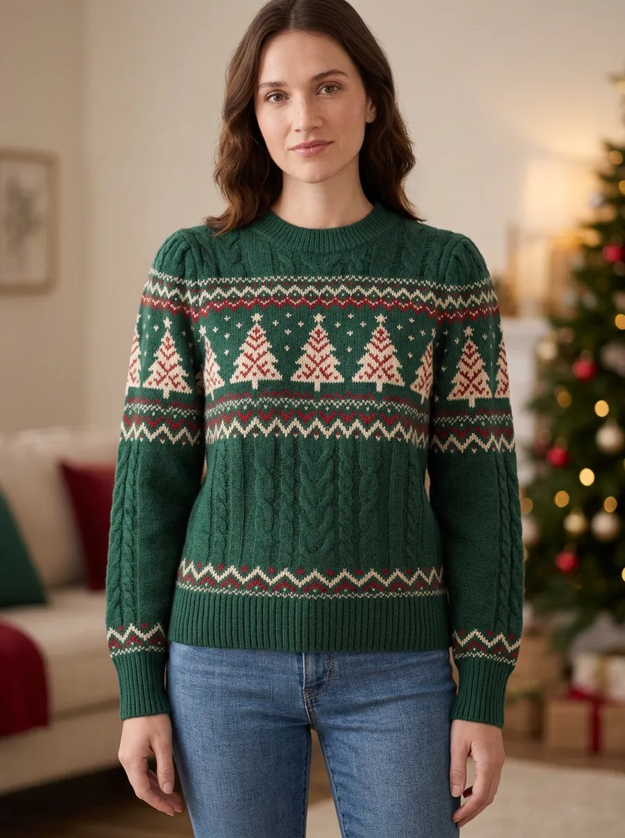 Christmas Holiday Fair Isle Pine Tree Pattern Knitted Sweater
