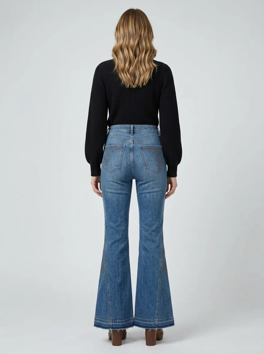 Women's Boho Style Geometric Embroidered Printed Flare Jeans