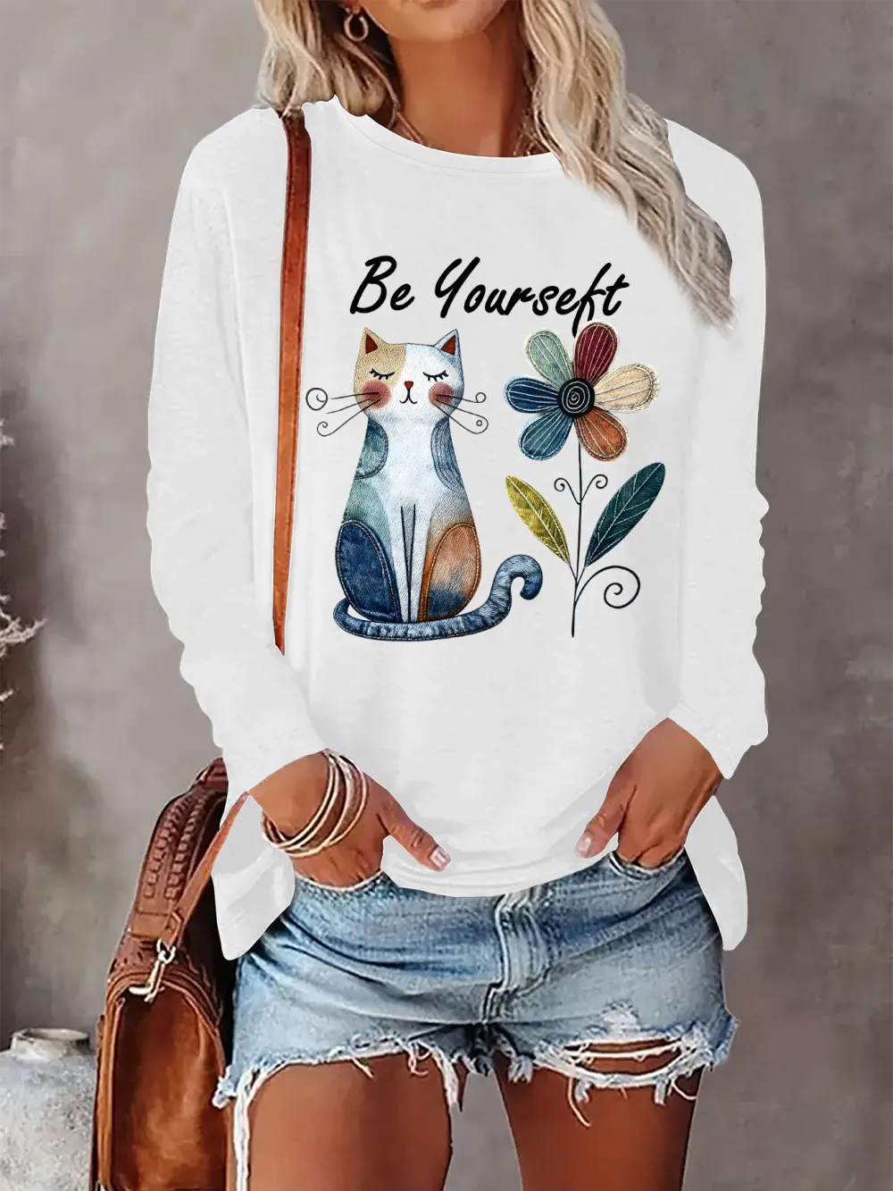 Colorful Patchwork Cat & Flower T-Shirt