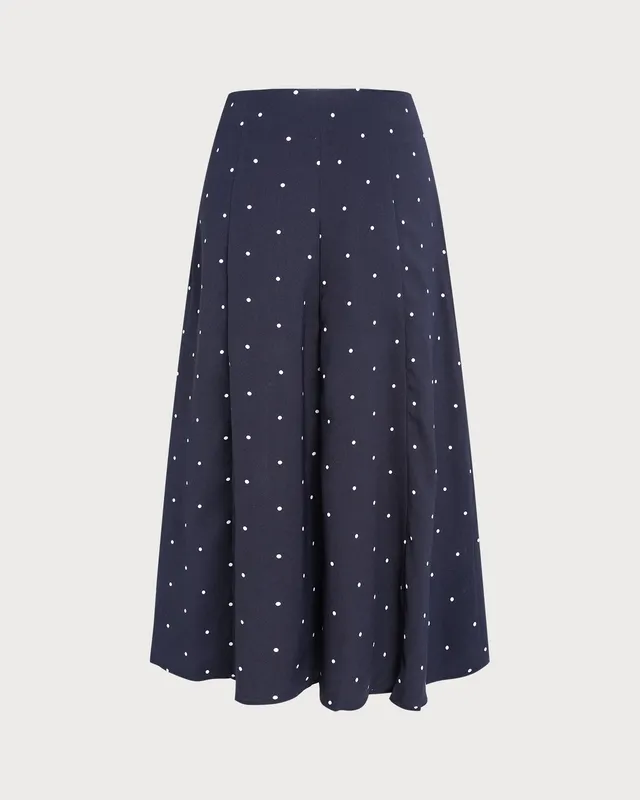 Navy Polka Dot Slit Midi Skirt