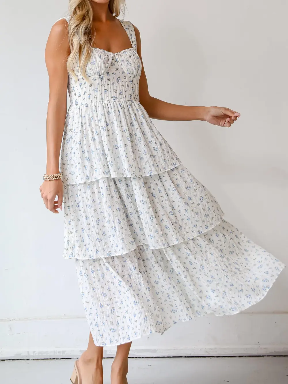 Ivory Floral Tiered Midi Dress