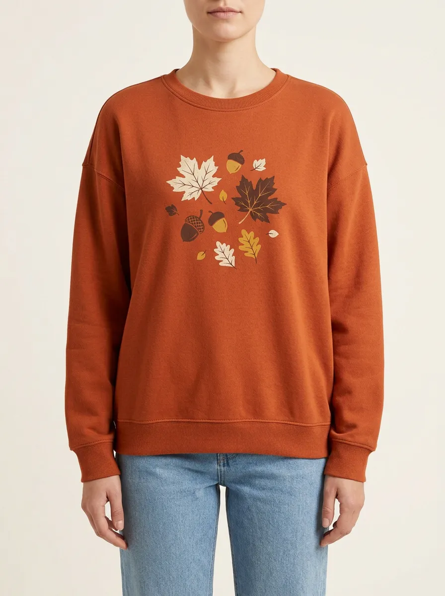 Textured Style Maple-Leaf Printed Acorn Graphic Sweatshirt