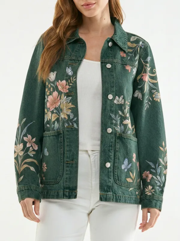 Women's Floral Butterfly Nature Printed Denim Jacket