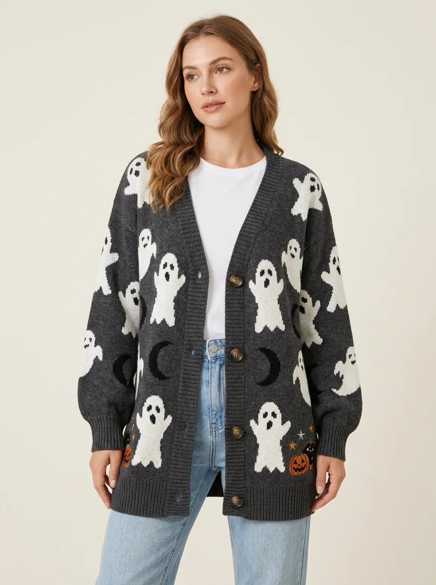 Women's Halloween Ghost Moon Pumpkin Pattern Knitted Cardigan