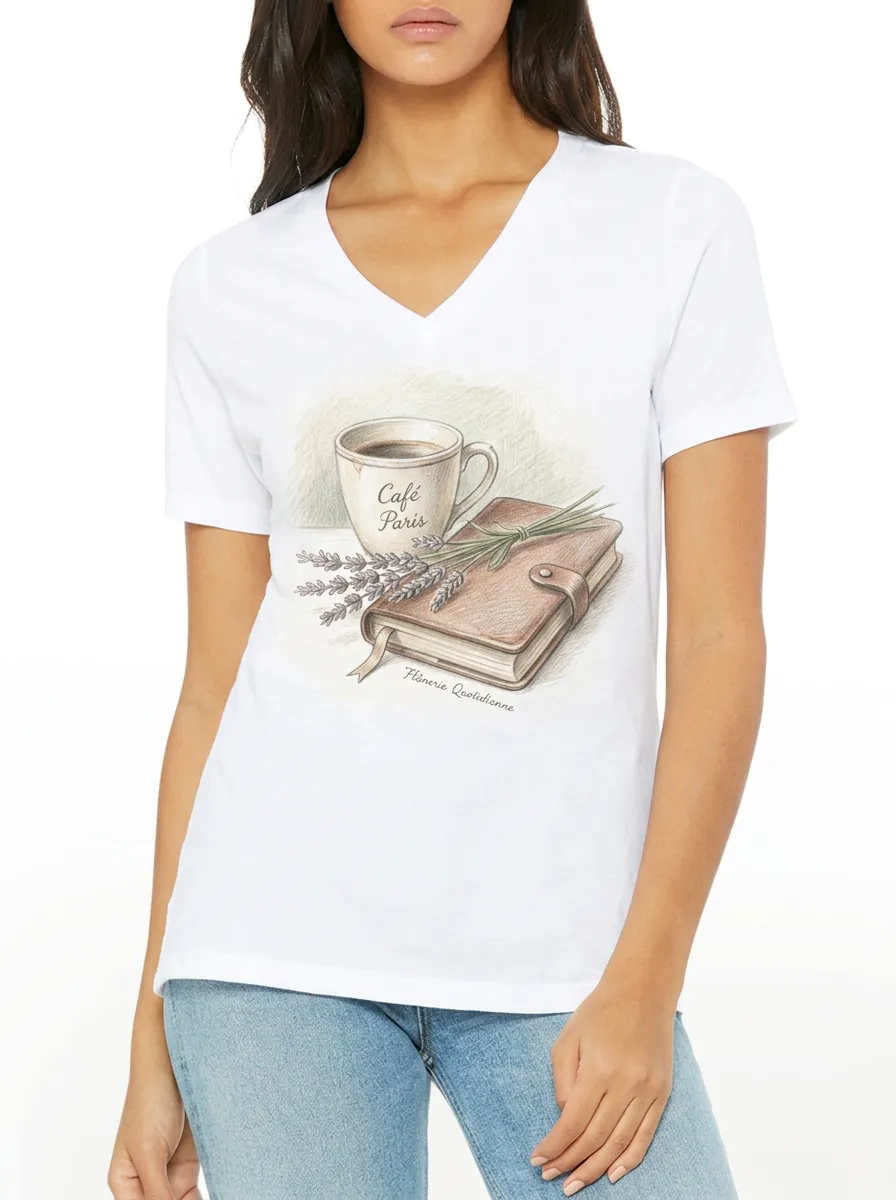 Women's Paris Cafe Book Lover Lavender Printed V-Neck T-Shirt