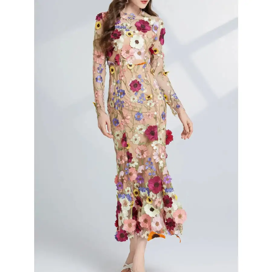 Embroidered Mesh Long Sleeve Midi Dress
