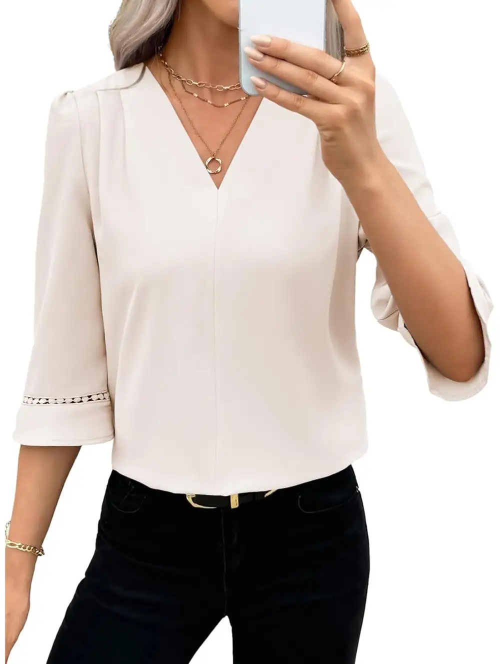 V Neck Office Three Quarter Sleeve Blouse