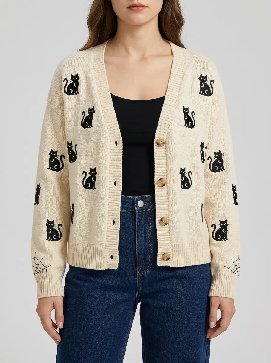 Women's Witchy Black Cat Moon Spiderweb Halloween Print Cardigan
