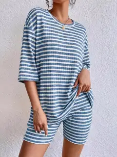 Casual Refined Striped Top and Shorts Matching Set