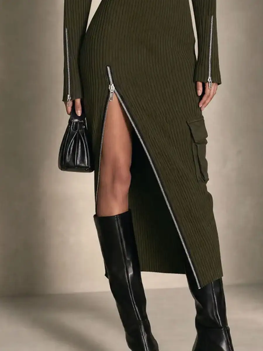 Olive Turtleneck Ribbed Knit Zip Slit Midi Dress With Cargo Pocket