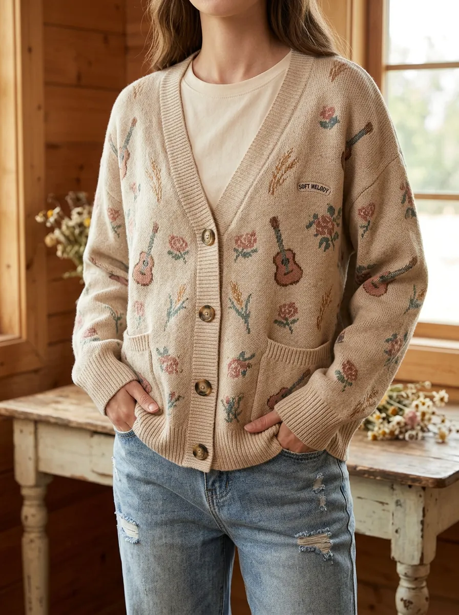 Rustic Guitar Floral Women's Country Music Casual Sweater Cardigan