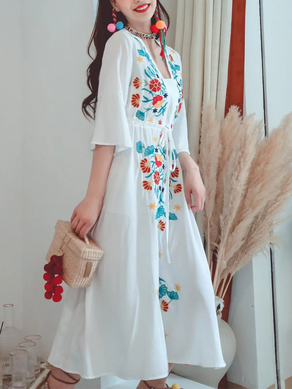 Textured Floral Embroidered Boho Maxi Dress