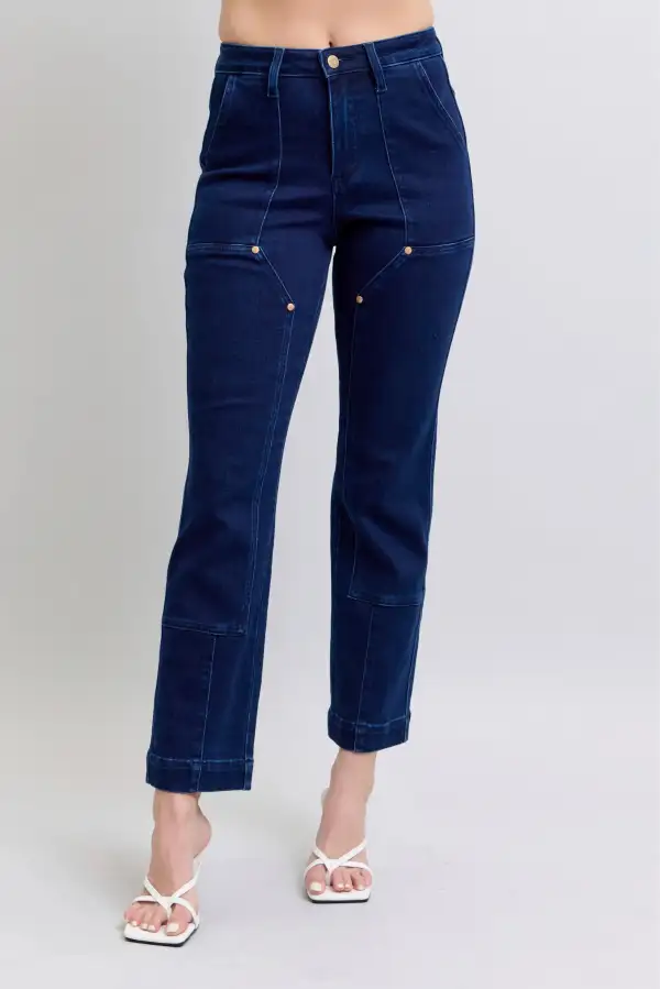 Full Size Hw Work Wear Knee Patch Straight Jeans Plus Size