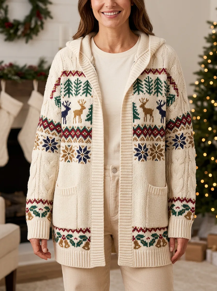 Festive Christmas Reindeer Snowflake Pattern Knit Hooded Cardigan