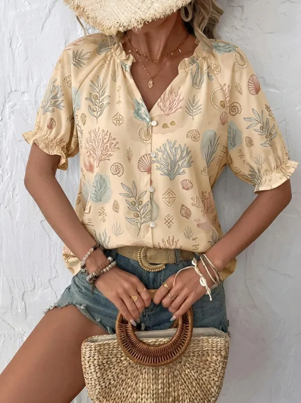 Women's Beach Vacation Coral Shell Printed Button-Up Blouse