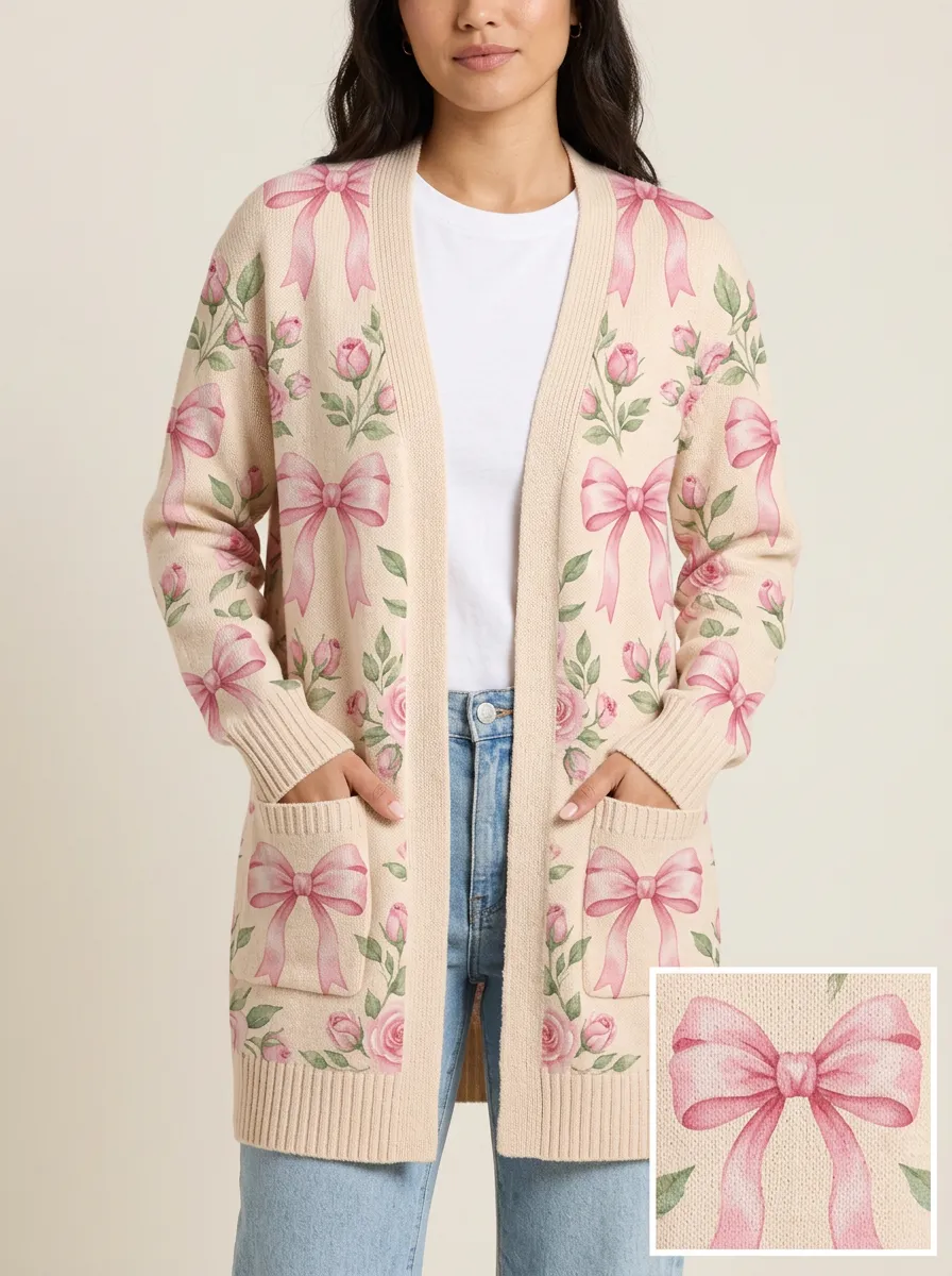 Women's Breast Cancer Awareness Pink Ribbon Rose Printed Cardigan