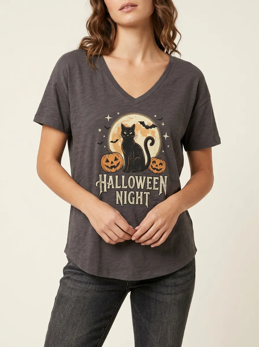 Women's Halloween Night Black Cat Pumpkin Moon Printed V-neck T-shirt