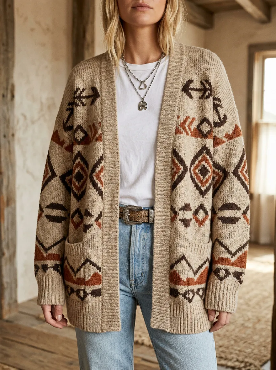 Women's Western B3 Aztec Geometric Pattern Knitted Cardigan