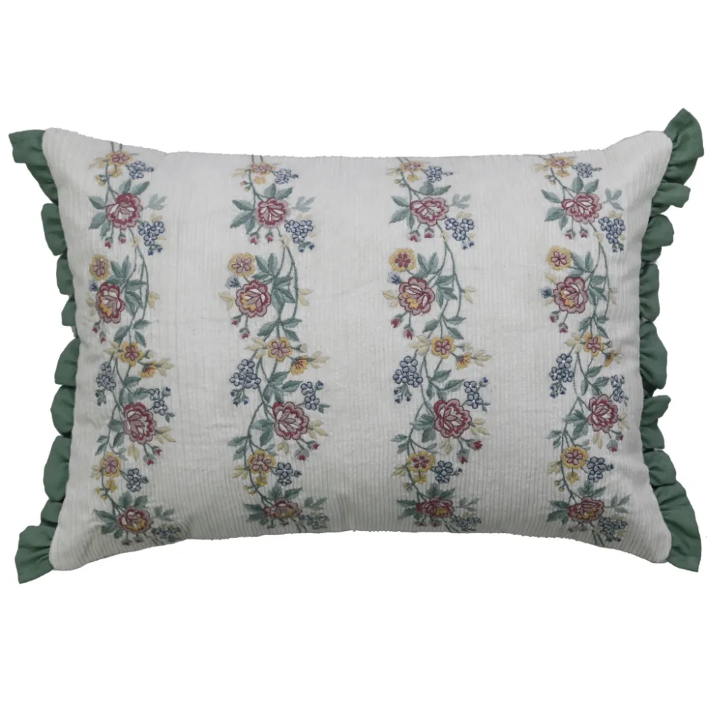 Artisan Detail Hand Embroidered Floral Botanical Cotton Lumbar Decorative Cushion Cover