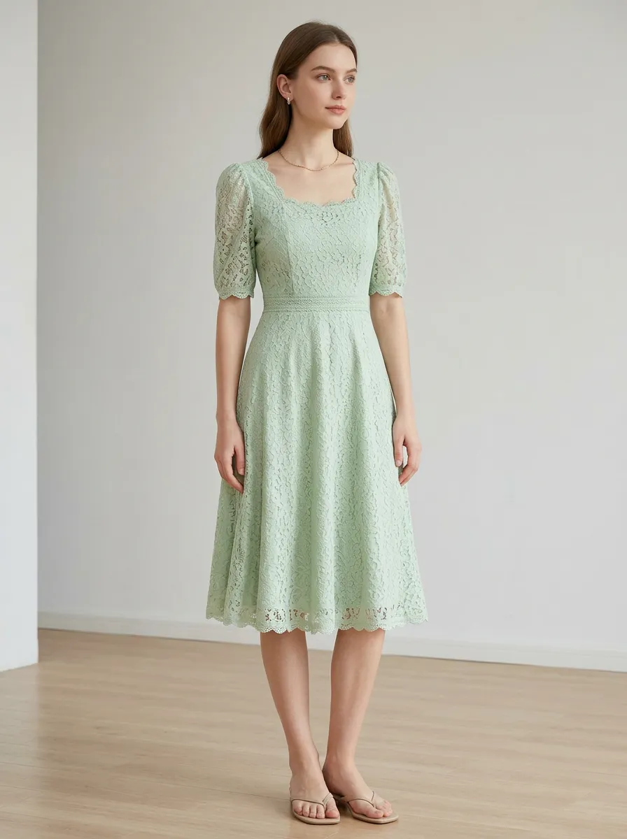 Women's Vintage Style Sage Green Floral Lace Printed Dress