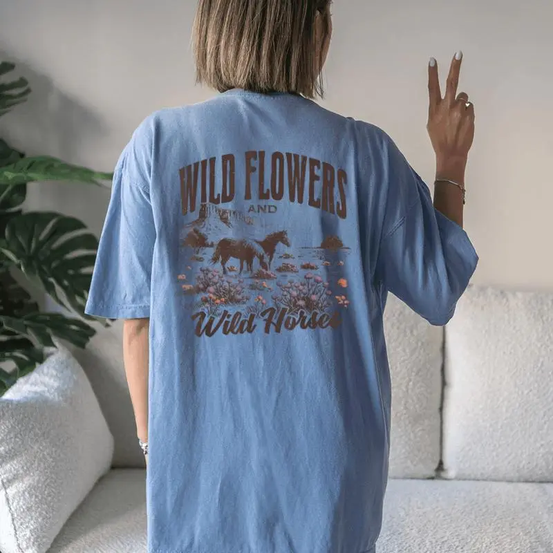 Wild Horses Wildflowers Western Cowgirl On Horse Cowboy Women's Oversized Comfort T-Shirt Back Print