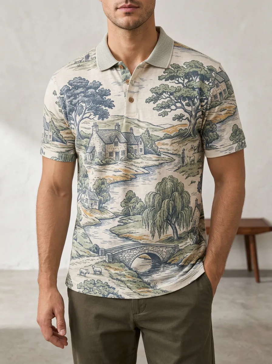 Men's Countryside Landscape Cottage Printed Polo Shirt