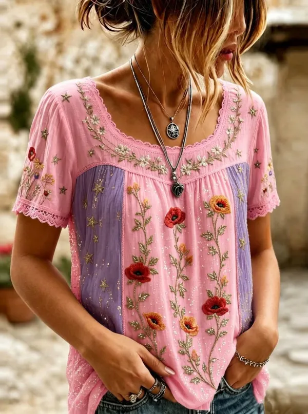 Women's Boho Floral Poppy Star Embroidered Printed Short Sleeve T-shirt