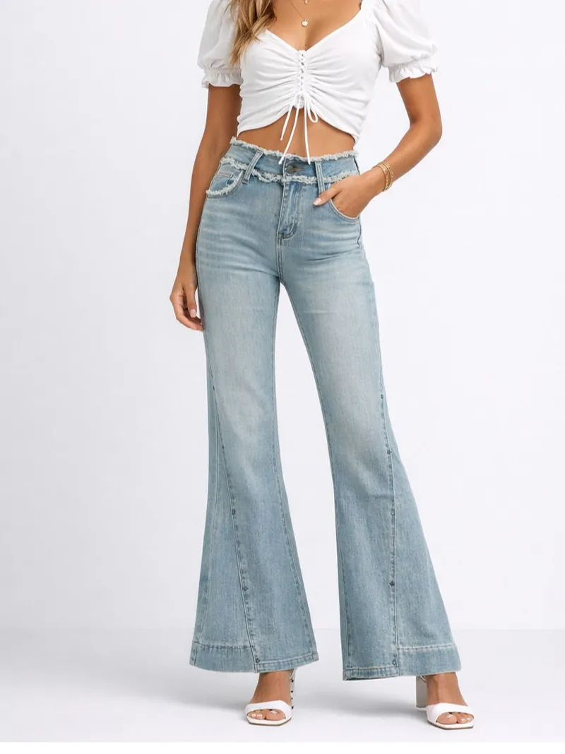 Vintage Raw Edge Waist Flared Leg Denim Pants