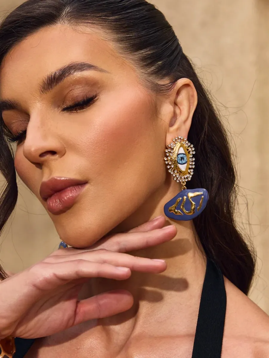 Zara Eye Blue Enamel & Crystal Drop Earrings