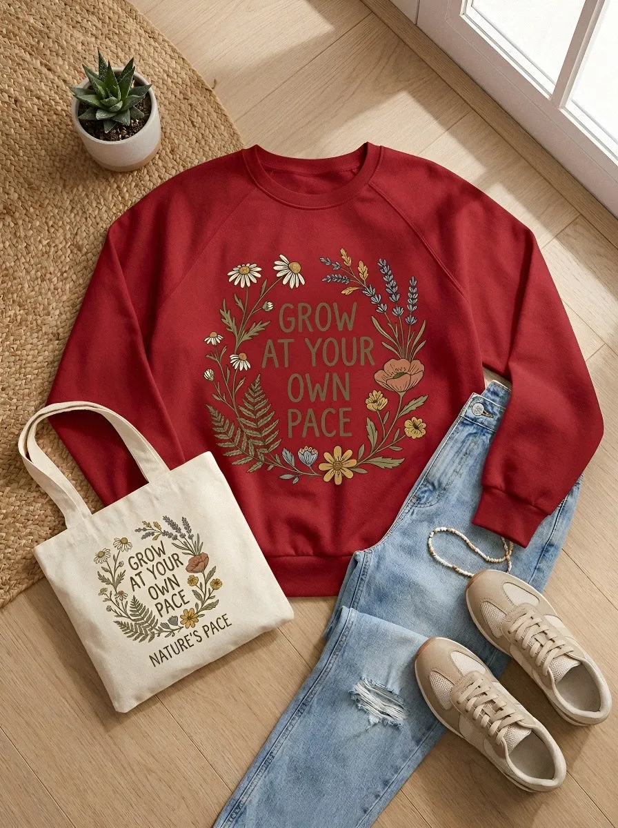 Women's Inspirational Floral Grow At Your Own Pace Printed Sweatshirt