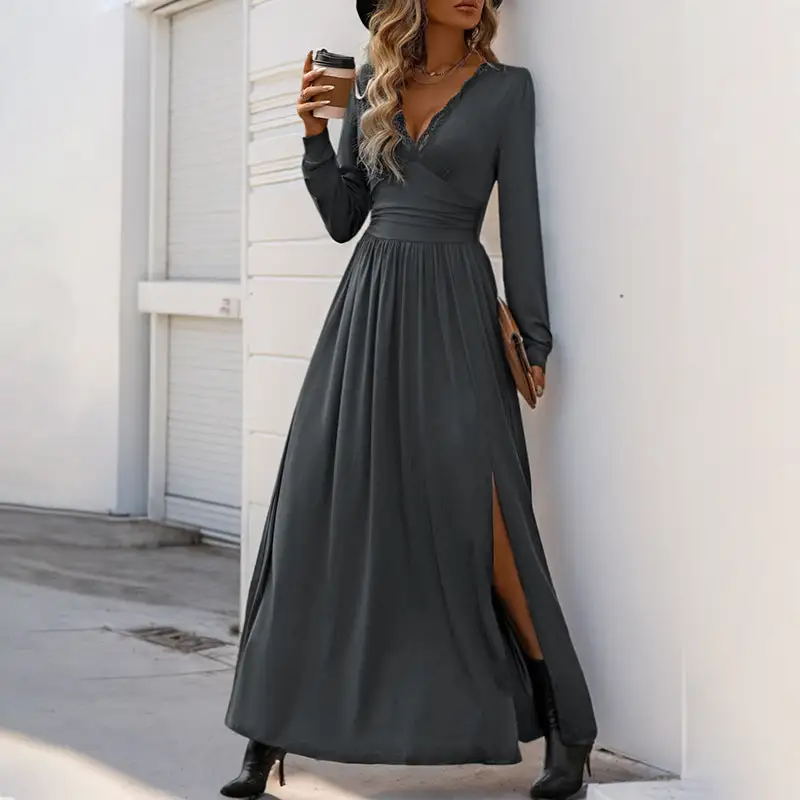 Women's V-Neck Long-Sleeve Slit Bridal Maxi Dress