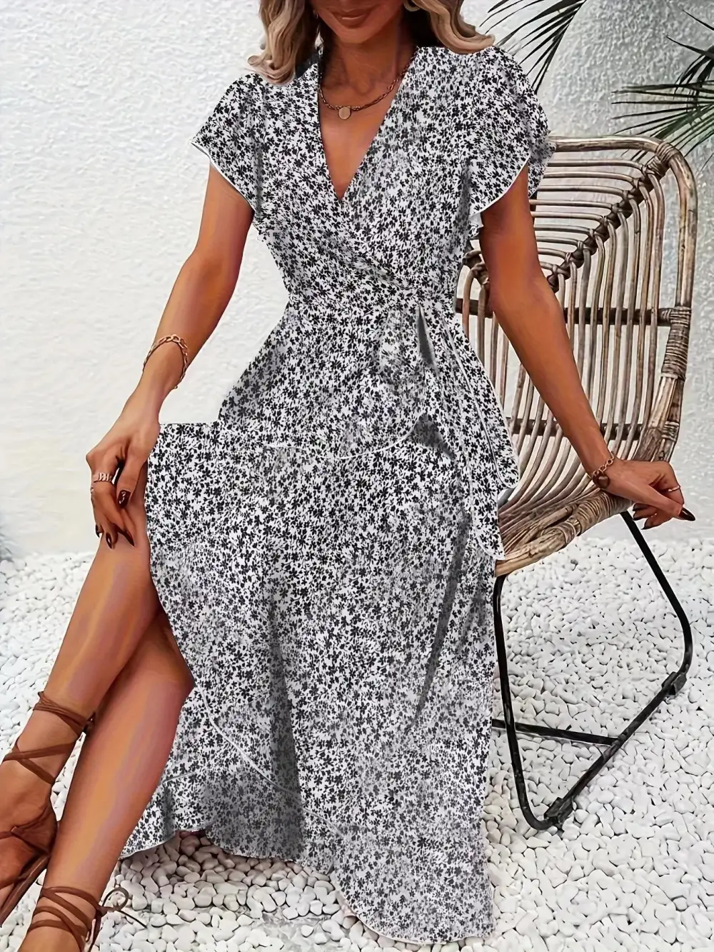 Ruffle Hem Wrap Midi Dress