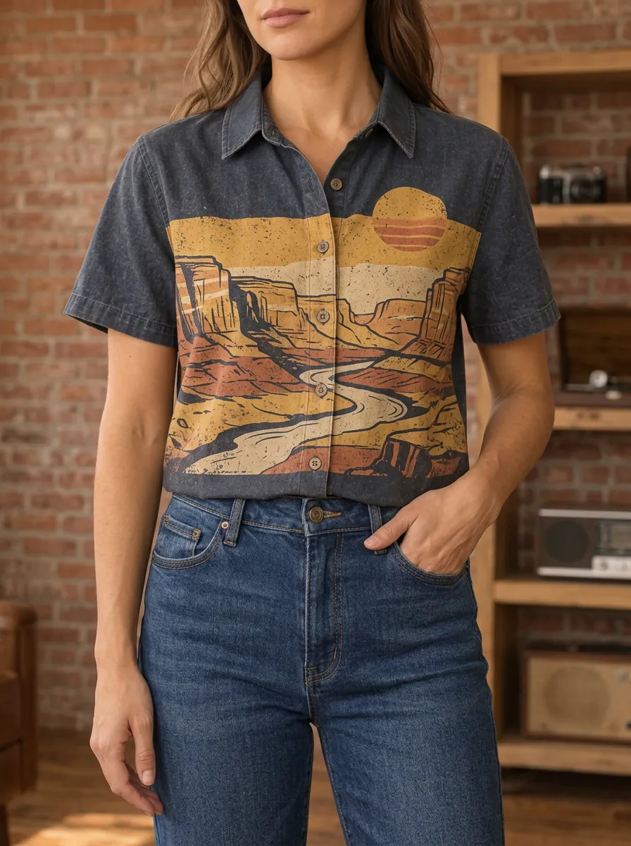 Women's Vintage Canyon Landscape Sunset Printed Shirt