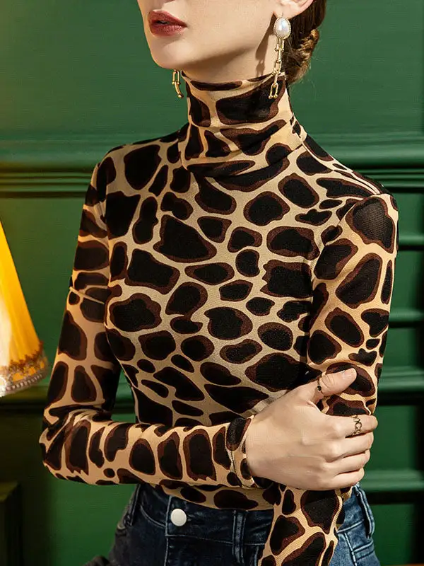 Long Sleeve Slim Fit Leopard High Neck Everyday T-Shirt