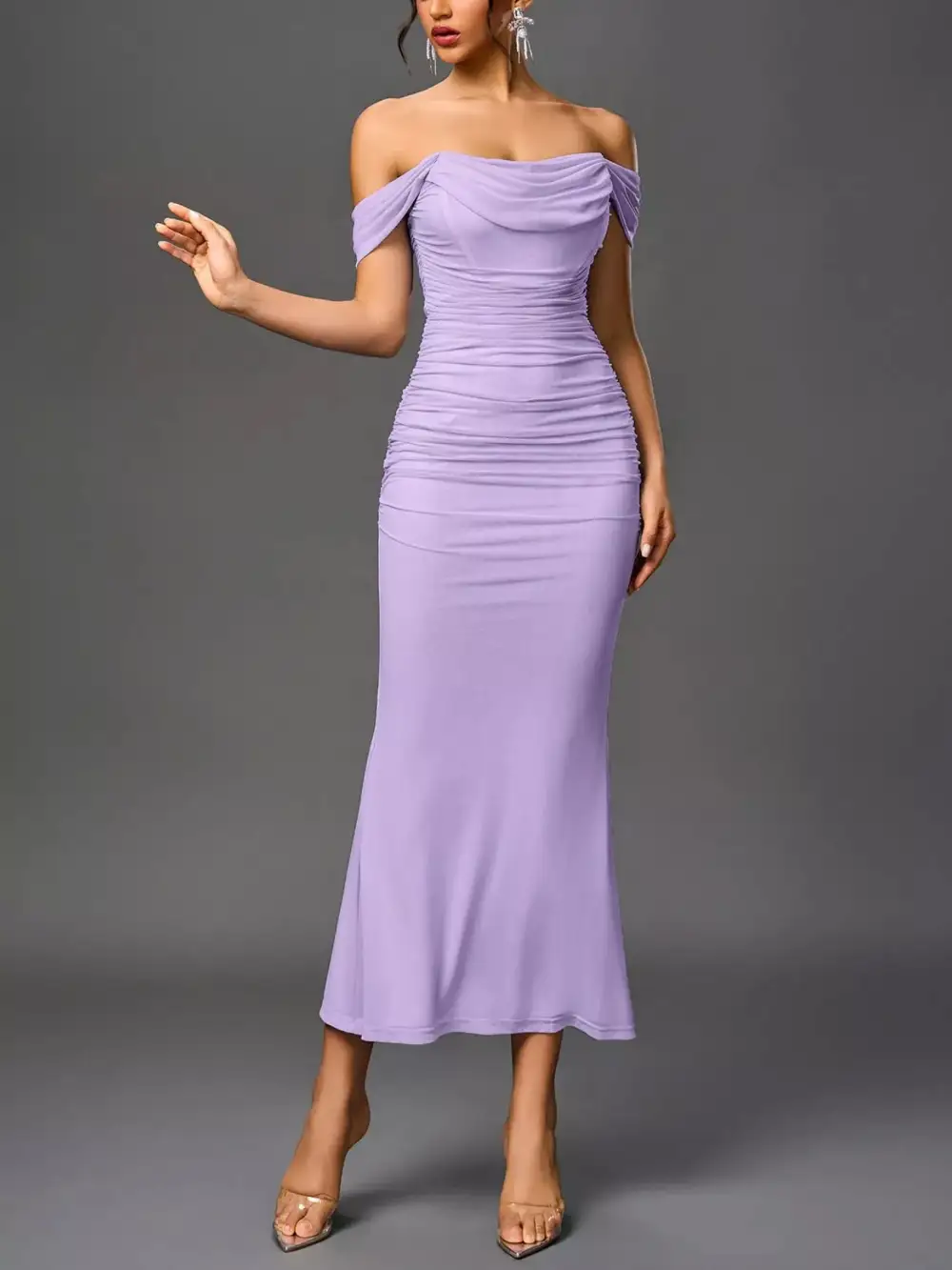 Relaxed Off Shoulder Ruched Mermaid Maxi Dress