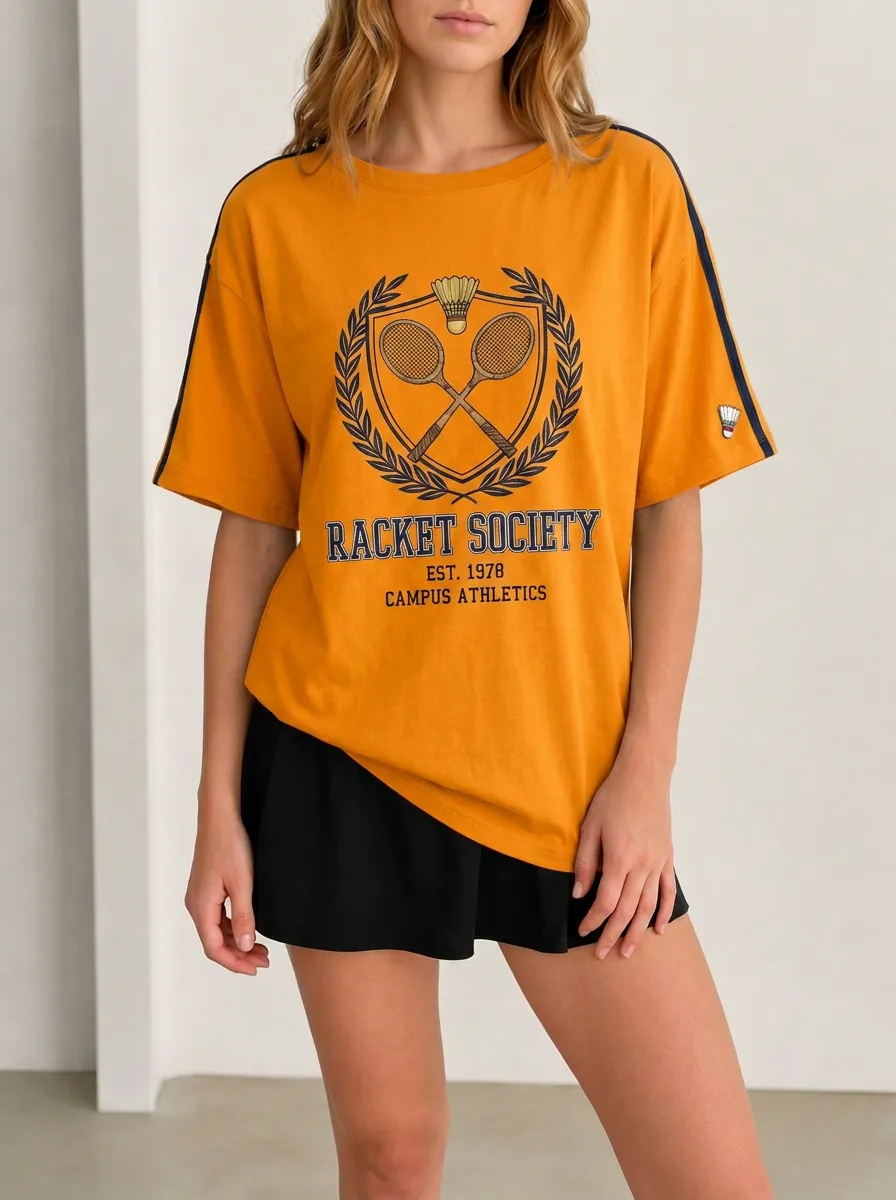 Women's Badminton Lover Racket Society Crest Printed T-shirt