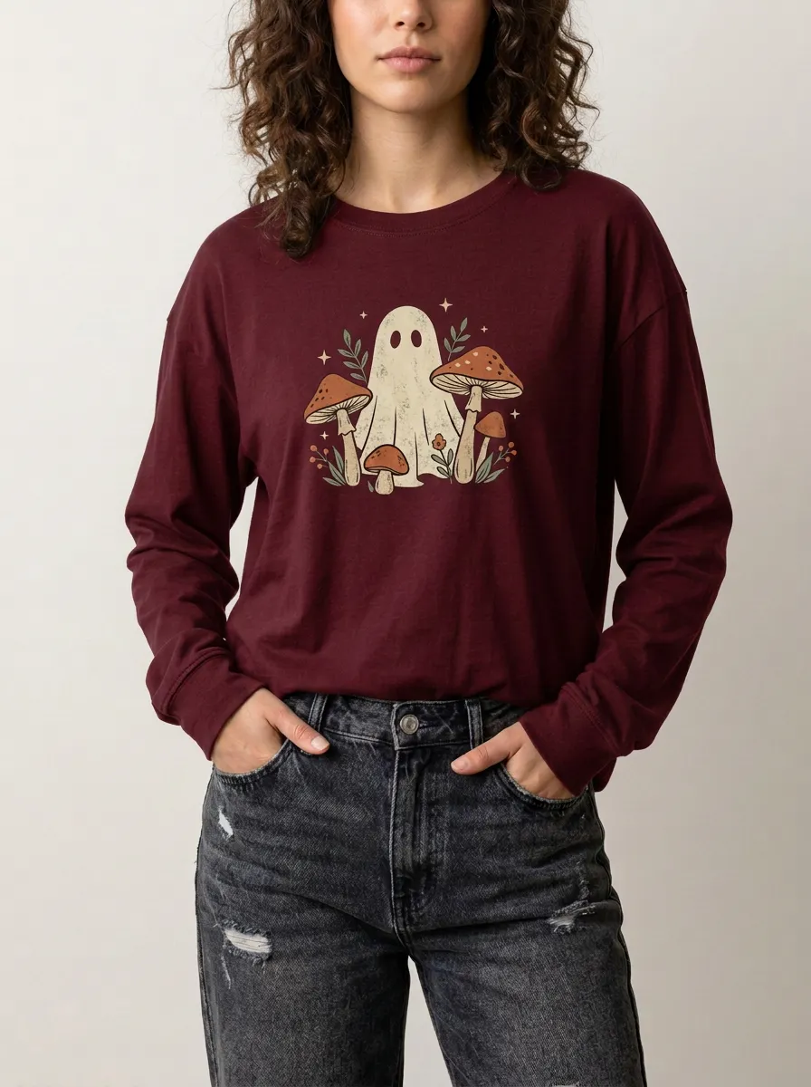 Women's Halloween Ghost Mushroom Printed Long Sleeve Shirt