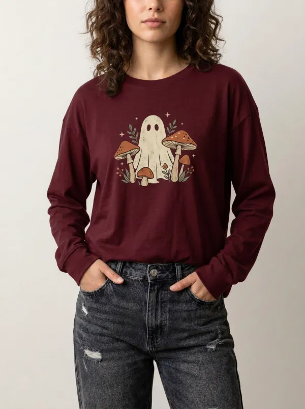 Women's Halloween Ghost Mushroom Printed Long Sleeve Shirt