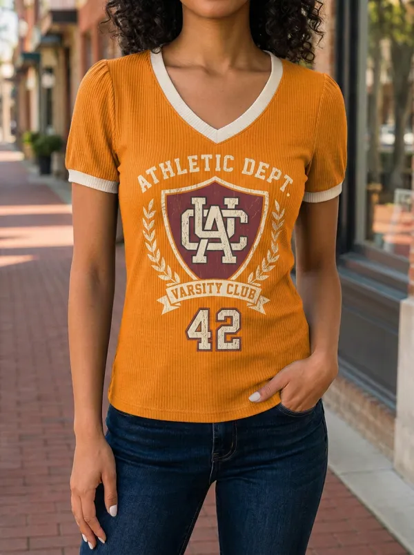 Women's Athletic Dept Varsity Club 42 Shield Printed V-Neck T-Shirt
