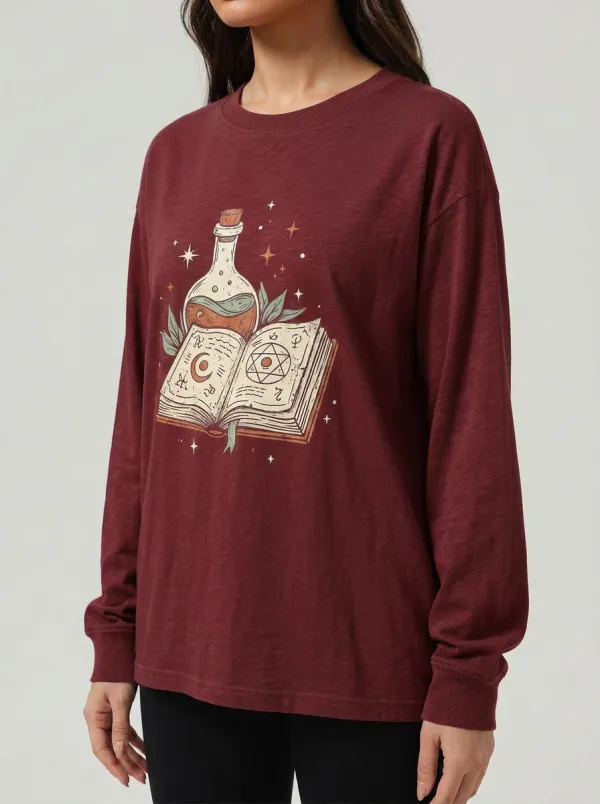 Women's Halloween Witchcraft Magic Spellbook Potion Printed Long Sleeve T-shirt