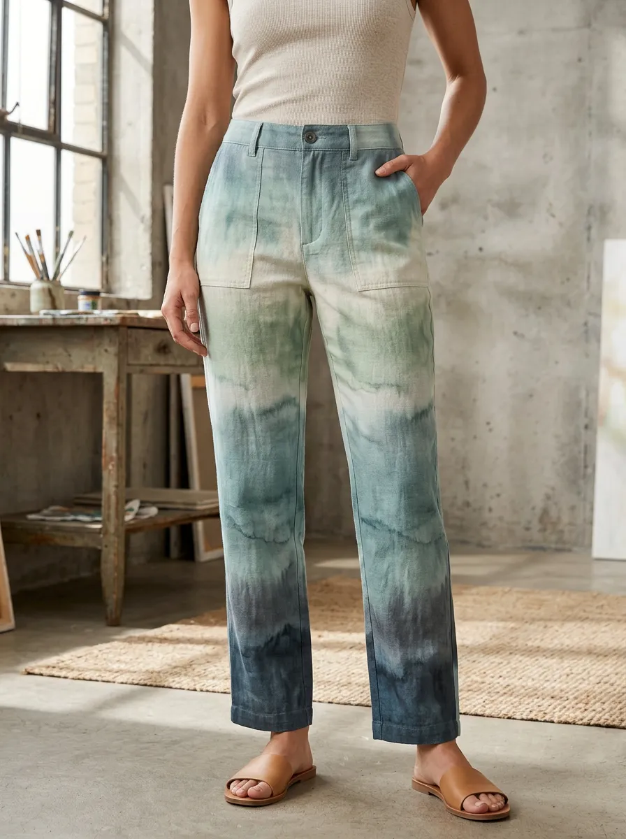 Women's Casual Style Blue Green Ombre Tie-Dye Printed Pants